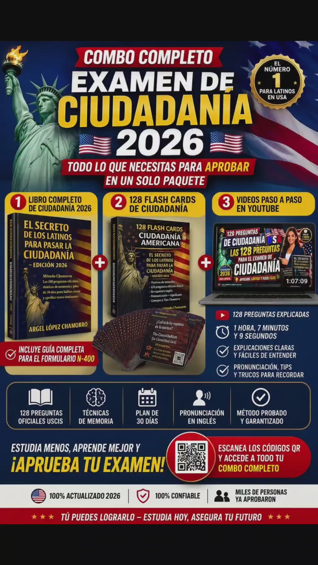 Combo Ciudadanía Americana 2026 – Libro + 128 Flash Cards + Videos