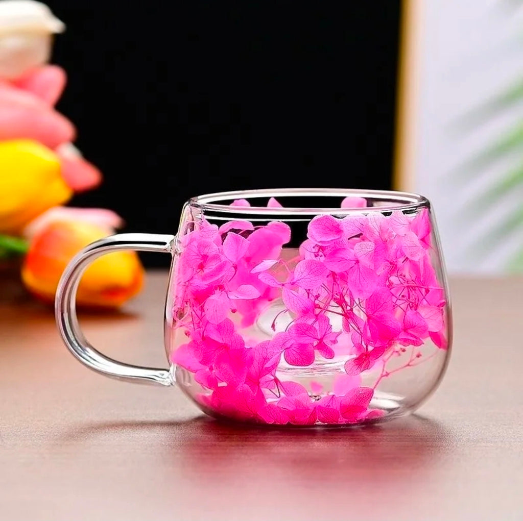 Double-Wall Glass Coffee Mug with Dried Flowers, 150 ml – Available Individually or in Sets of 2, 3, 4 or 5