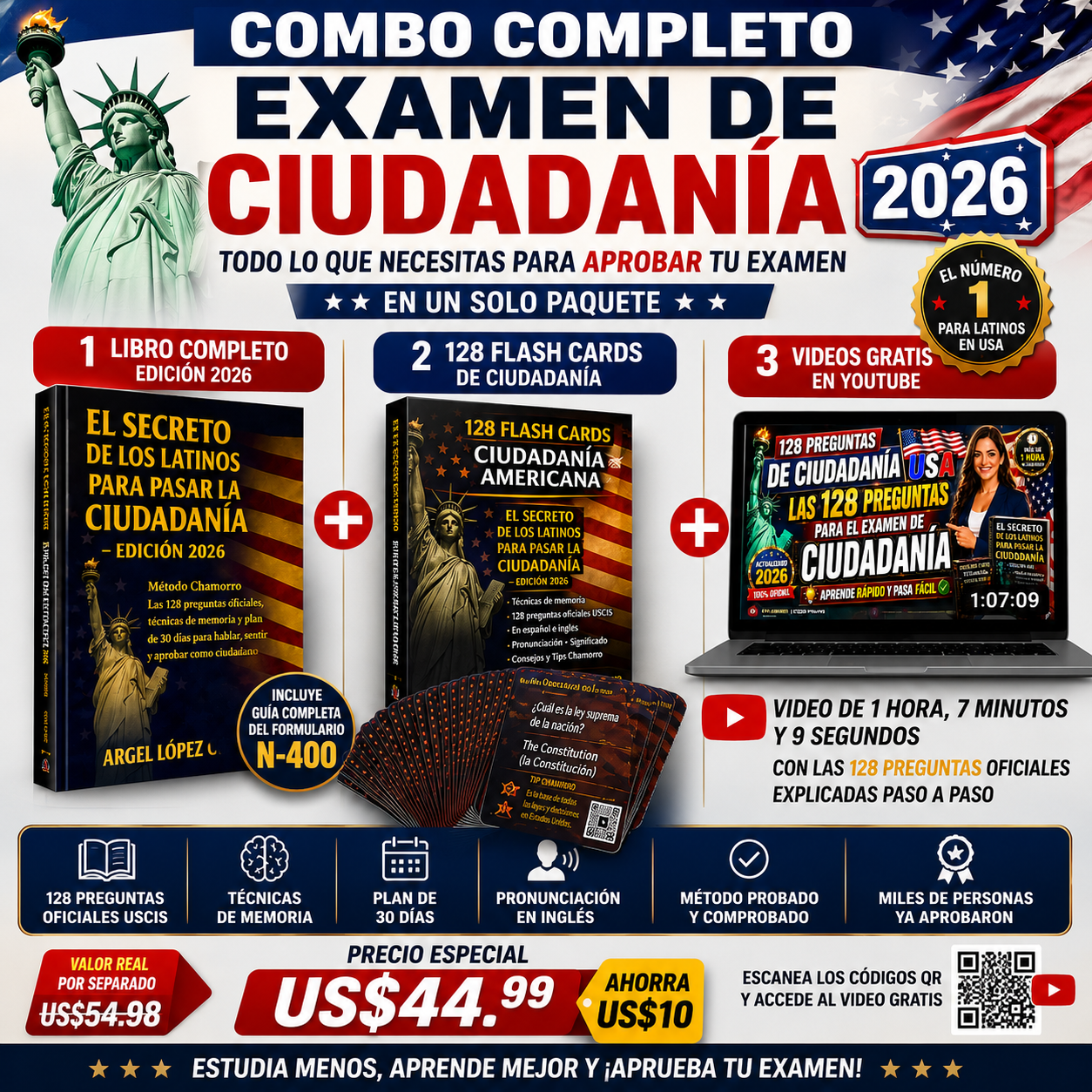 Combo Ciudadanía Americana 2026 – Libro + 128 Flash Cards + Videos