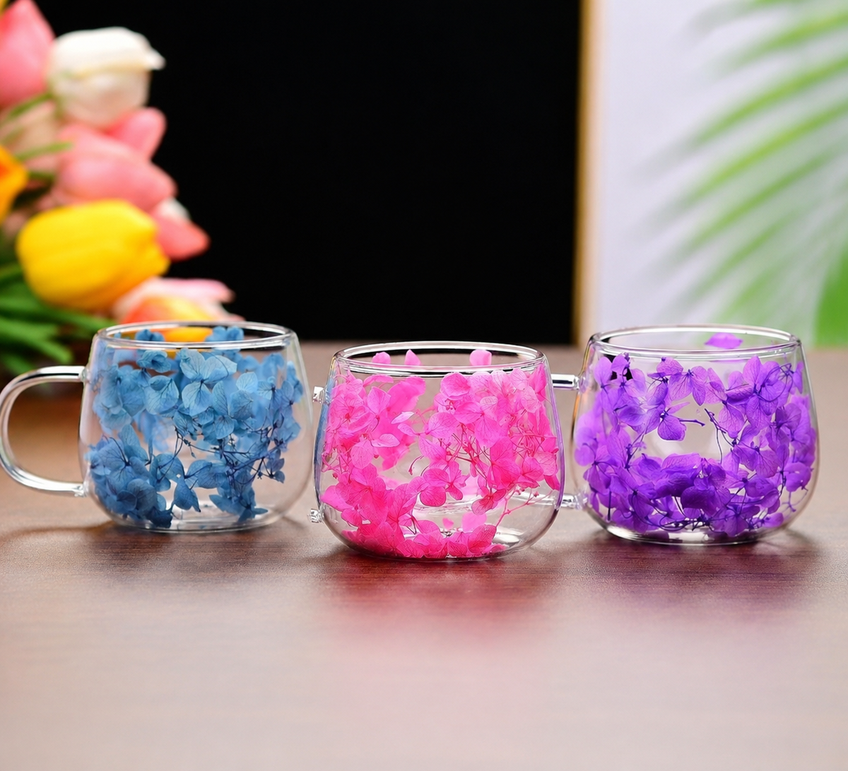Double-Wall Glass Coffee Mug with Dried Flowers, 150 ml – Available Individually or in Sets of 2, 3, 4 or 5