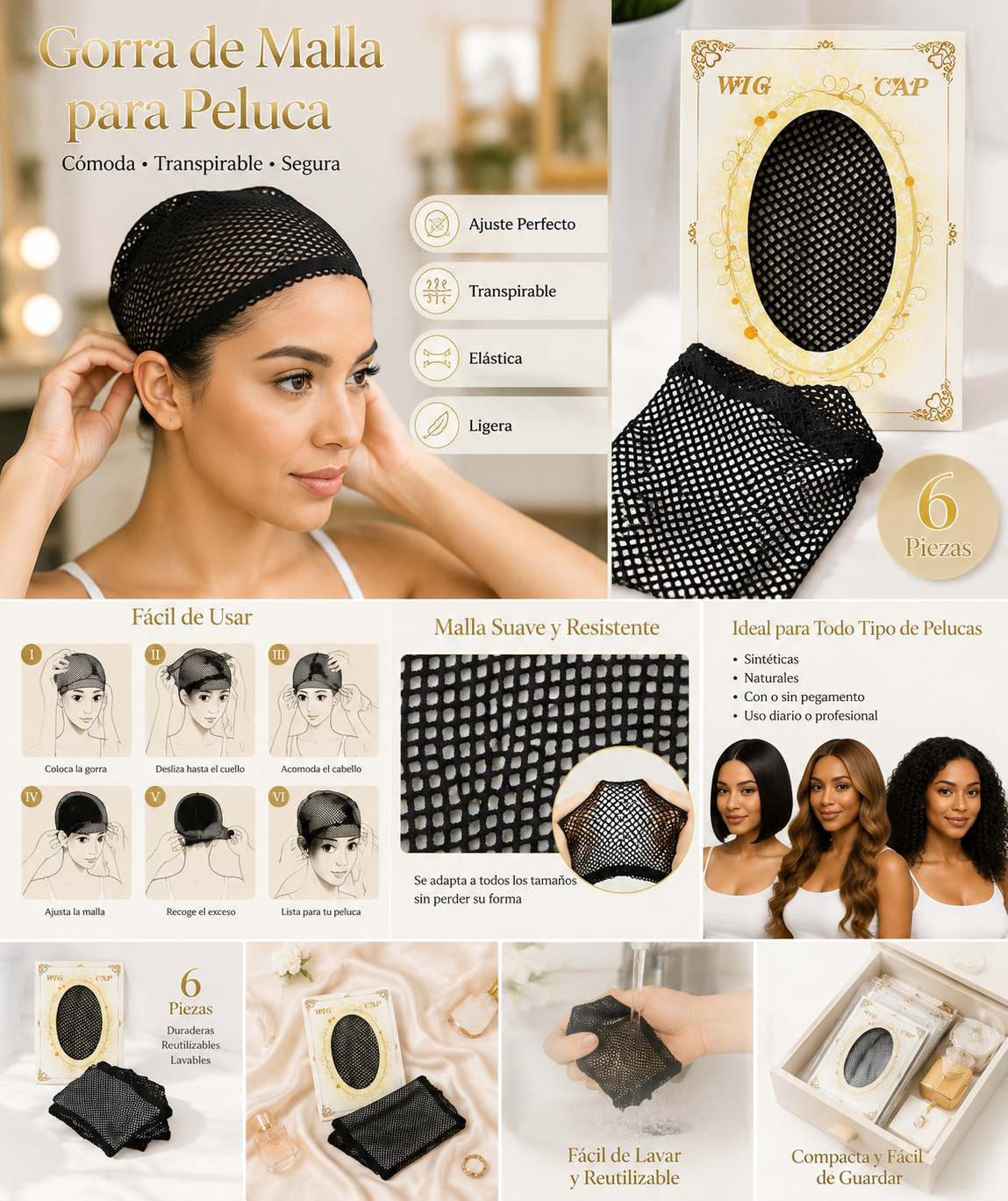 Premium Wig Cap Mesh Net | Gorro de Malla / Redecilla para Peluca | Breathable & Stretchy | 6, 24 & 60 Pack