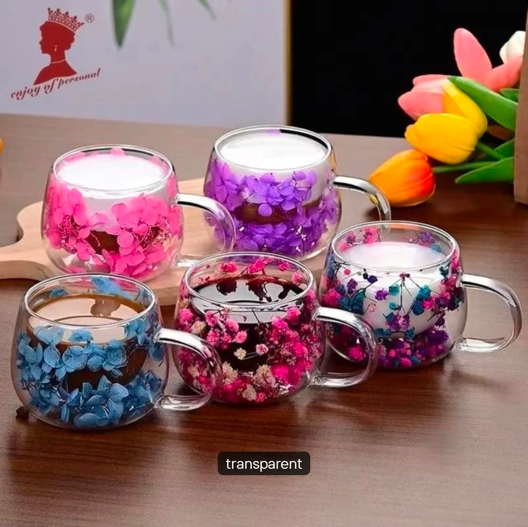 Double-Wall Glass Coffee Mug with Dried Flowers, 150 ml – Available Individually or in Sets of 2, 3, 4 or 5