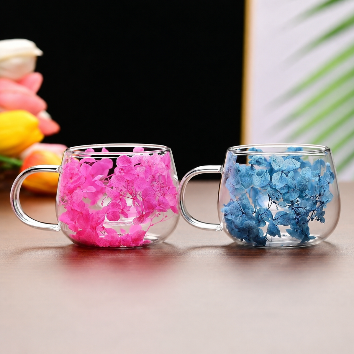 Double-Wall Glass Coffee Mug with Dried Flowers, 150 ml – Available Individually or in Sets of 2, 3, 4 or 5