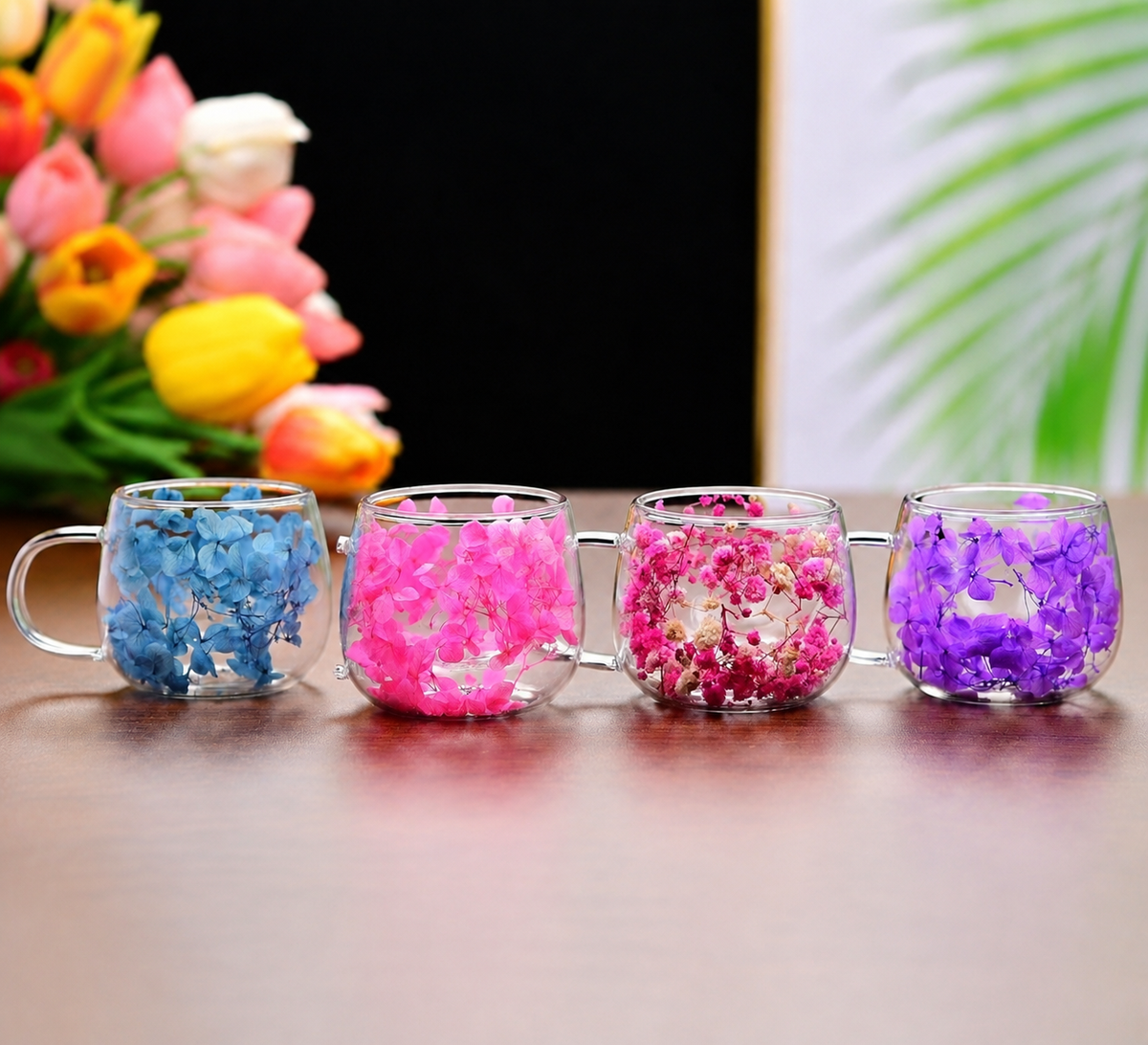 Double-Wall Glass Coffee Mug with Dried Flowers, 150 ml – Available Individually or in Sets of 2, 3, 4 or 5