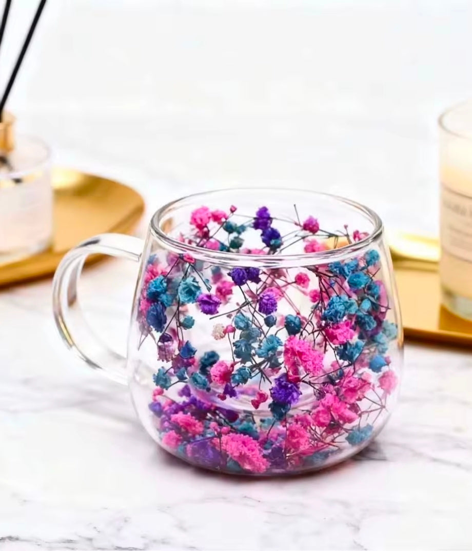 Double-Wall Glass Coffee Mug with Dried Flowers, 150 ml – Available Individually or in Sets of 2, 3, 4 or 5