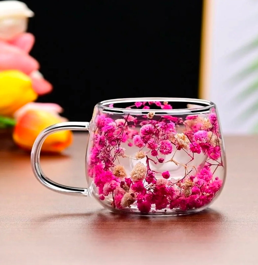Double-Wall Glass Coffee Mug with Dried Flowers, 150 ml – Available Individually or in Sets of 2, 3, 4 or 5