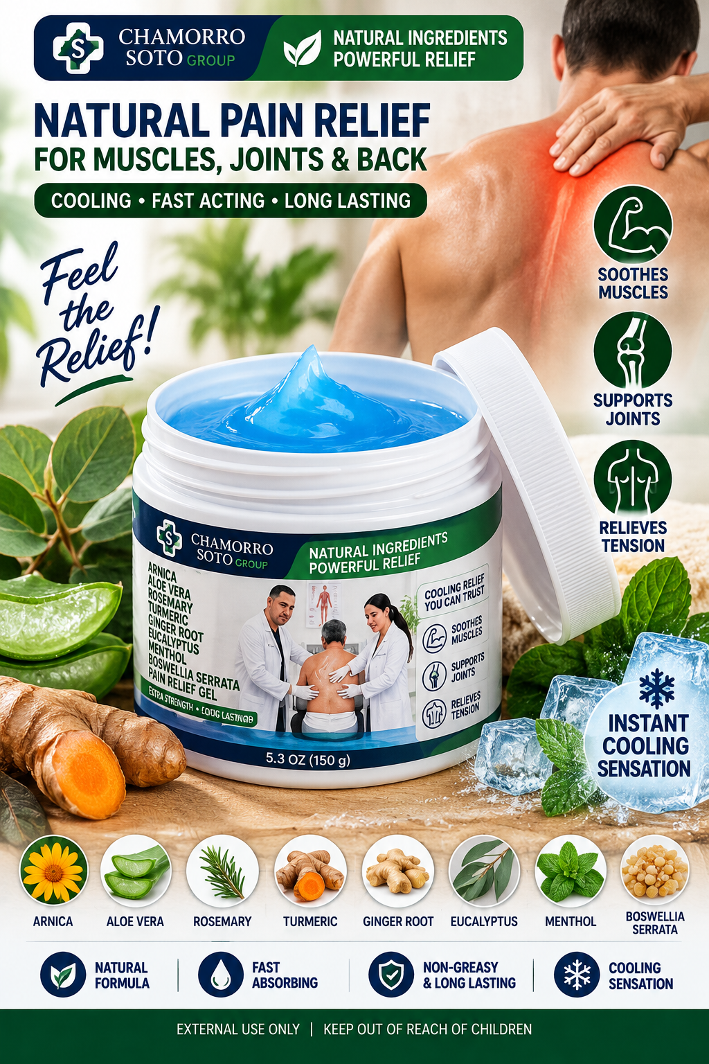 Chamorro Soto Arnica Pain Relief Gel with Menthol, Aloe Vera, Rosemary, Turmeric, Ginger & Boswellia – 5.3 oz (150 g)