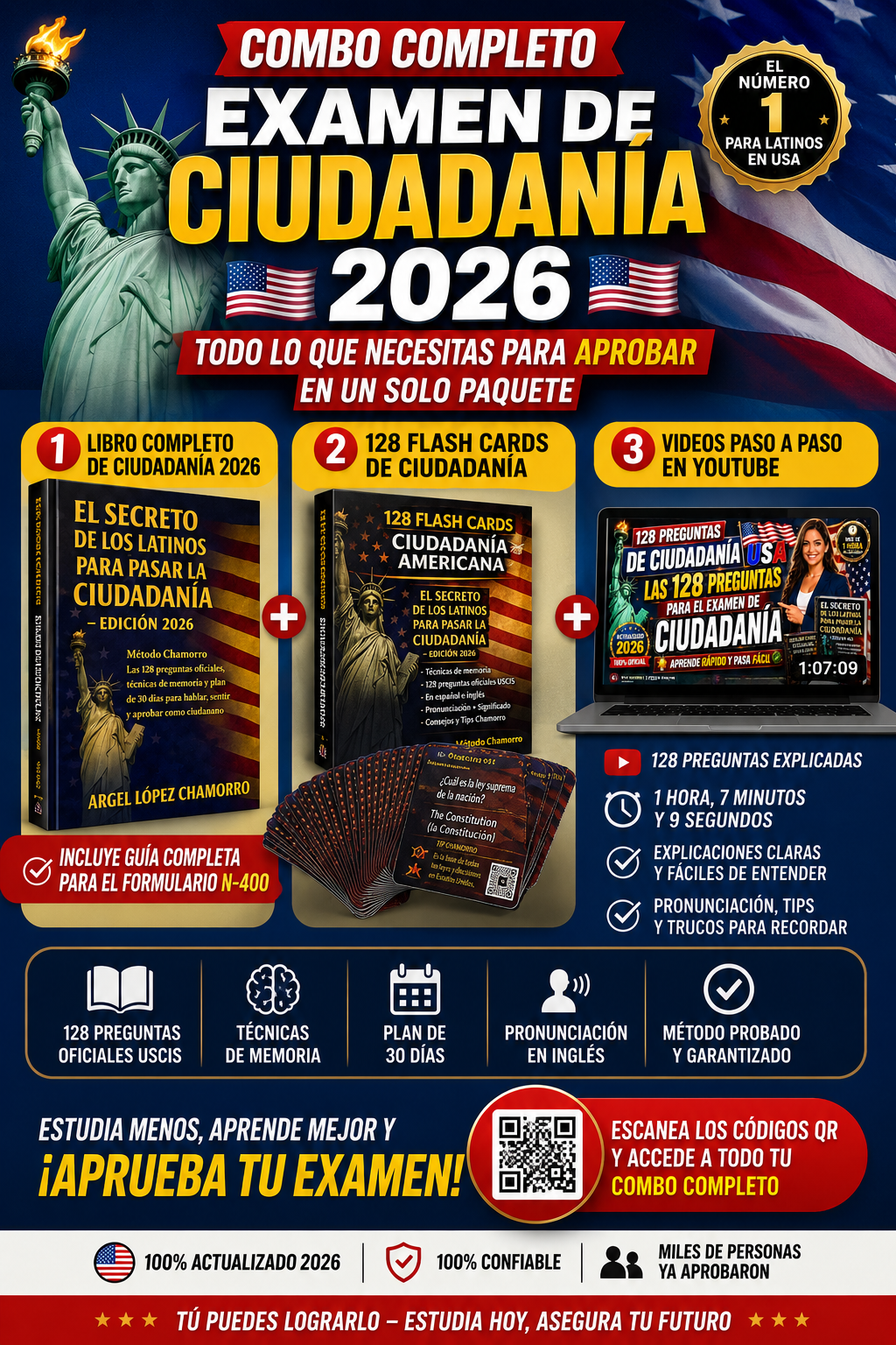 Combo Ciudadanía Americana 2026 – Libro + 128 Flash Cards + Videos