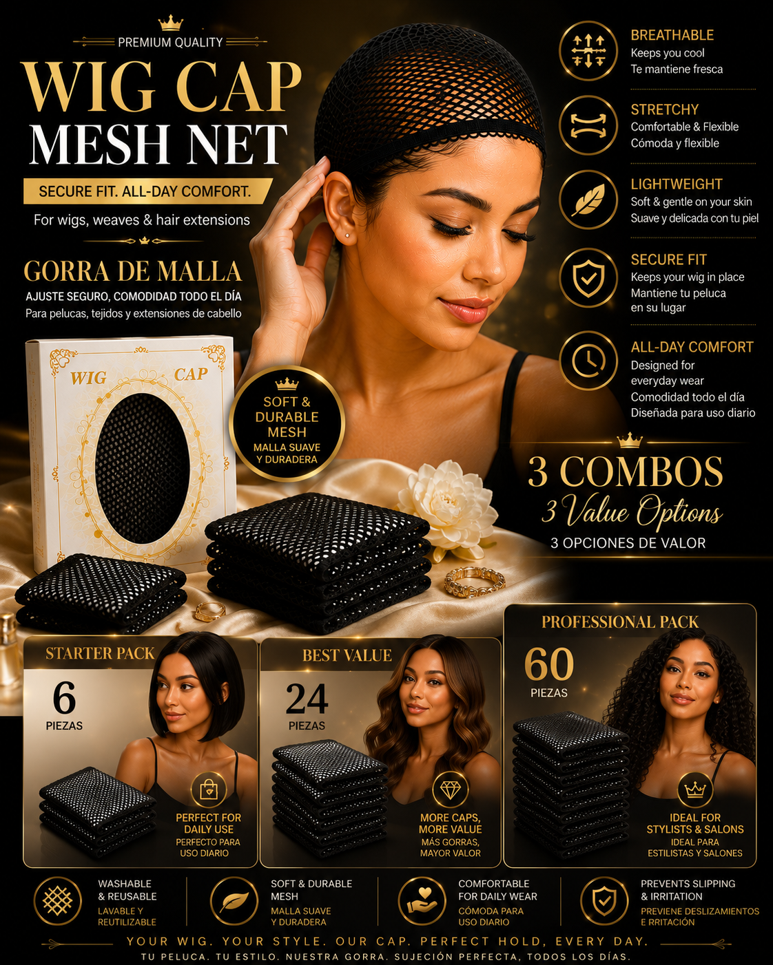 Premium Wig Cap Mesh Net | Gorro de Malla / Redecilla para Peluca | Breathable & Stretchy | 6, 24 & 60 Pack
