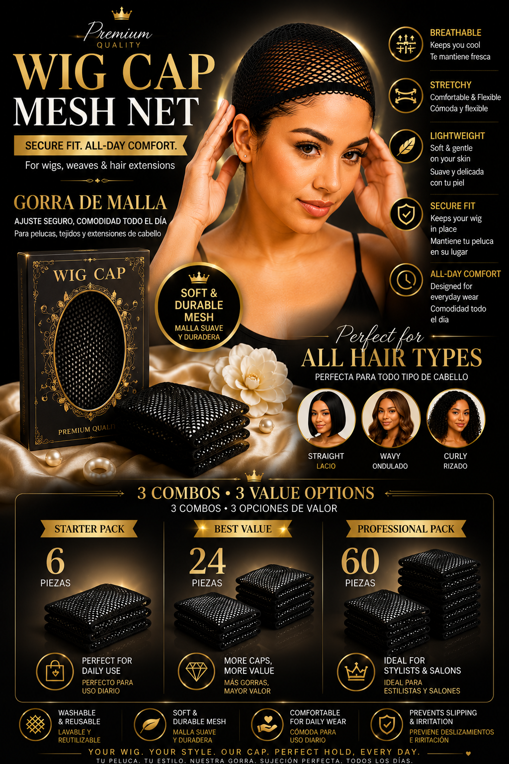 Premium Wig Cap Mesh Net | Gorro de Malla / Redecilla para Peluca | Breathable & Stretchy | 6, 24 & 60 Pack